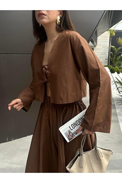 minaaise Γυναικεία Μπλούζα Καφέ Ποπλίνα με Μπροστινή Πασμίνα 29085