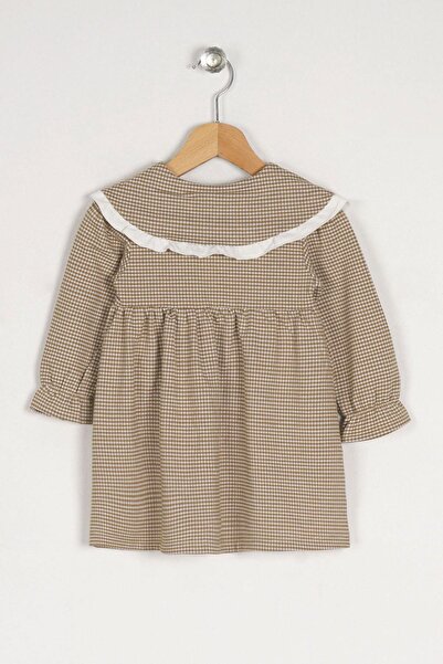 zepkids Βρεφικό γιακά και μακρυμάνικο με κουμπιά - Κοριτσίστικο φόρεμα με καρό σκούρο μπεζ