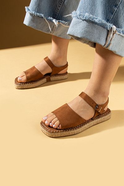 Pembe Potin Women's Tan Suede Espardil Banded Comfortable Sole Stylish Daily Sandals