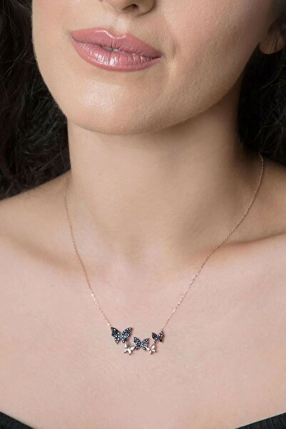 Papatya Silver 925 Ayar Siyah Taşlı Gümüş Sıralı Kelebek Kolye Rose Altın Kap...