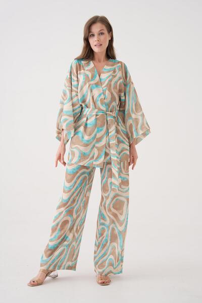 minaaise Women's Turquoise Patterned Linen Fabric Bottom/Top Set 29098