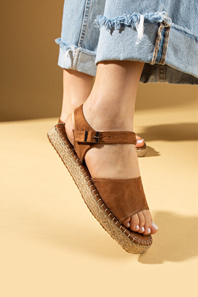 Pembe Potin Women's Tan Suede Espardil Banded Comfortable Sole Stylish Daily Sandals