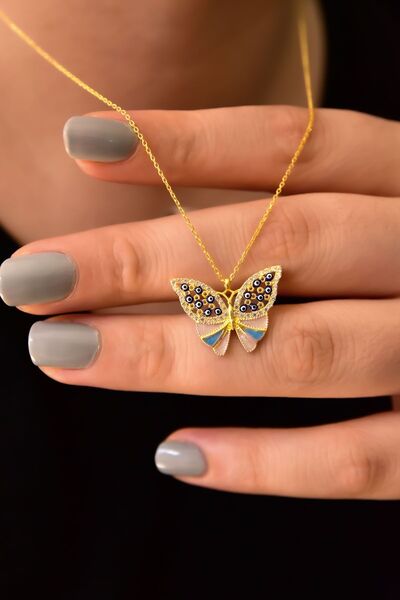 Papatya Silver 925 Ayar Gümüş Altın Kaplama Mineli Gözlü Kelebek Kolye