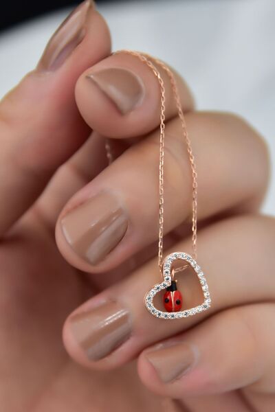 Papatya Silver 925 Ayar Gümüş Rose Kaplama Uğur Böcekli Kalp Kolye