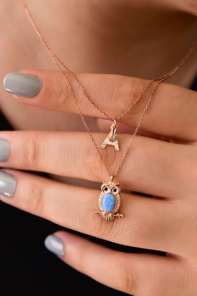 Papatya Silver 925 Ayar Gümüş Rose Kaplama A Harf Ve Opal Taşlı Baykuş Asansö...