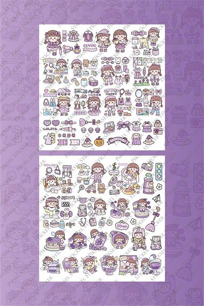 Piksel Grafik Kawaii Purple Anime Stickers: Pen, Laptop, Notebook, and Water Bottle