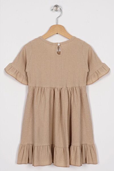 zepkids Κοριτσίστικο φόρεμα με λαιμόκοψη με κοντό μανίκι με κουμπιά μπεζ χρώματος