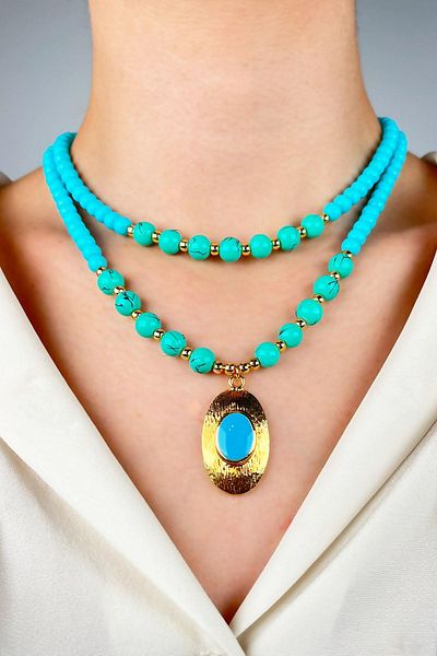 Sose Moda Double Row Bead Necklace with Gold Plated Tip - Turquoise