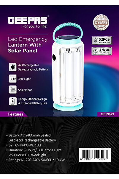 Geepas LED Emergency Lantern with Solar Panel, Energy Efficient Design, 360° Light and 5 Hours Working
