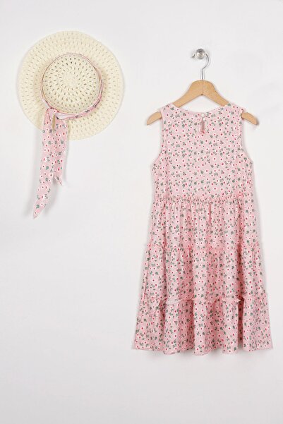zepkids Crew Neck Zero Sleeve Hat Accessory Pink Color Girl's Dress
