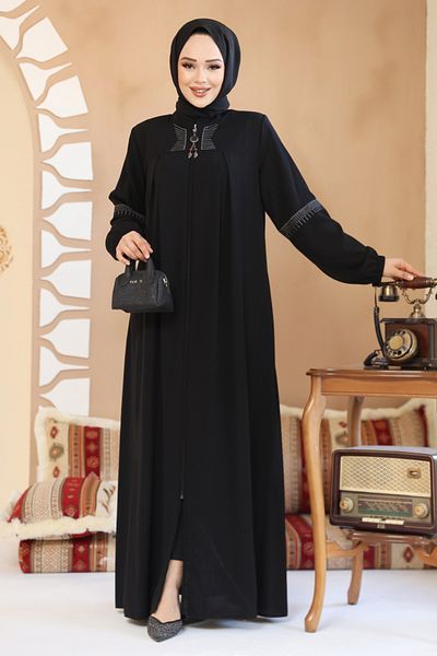 Neva Style Abaya hijab neagră cu fermoar 45299S