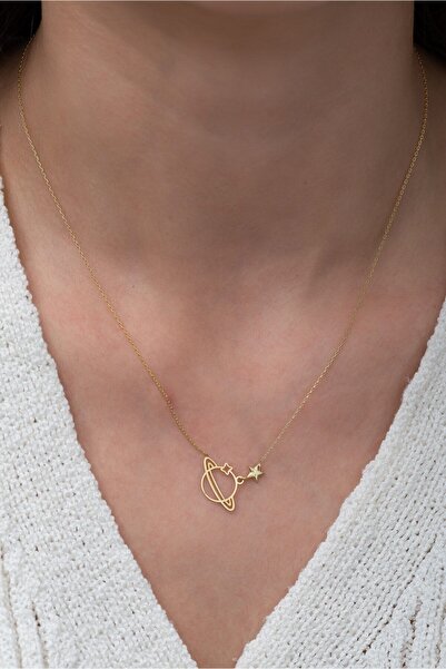 Papatya Silver Orta Boy Gezegen Kolye 14 Ayar Altın Kaplama 925 Ayar Gümüş Uvps100868