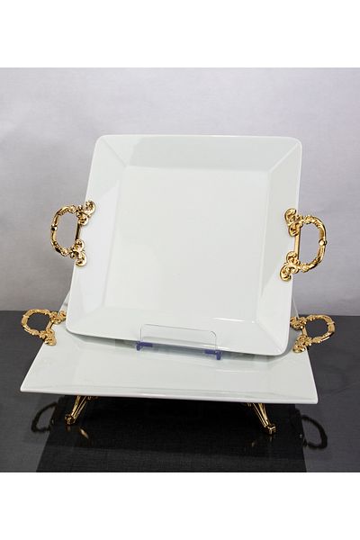 ARGKRİSTAL 2 Pieces Square Porcelain Presentation Serving Plate with Gold Detail Metal Legs and Handles 26X26 and 30X30 cm