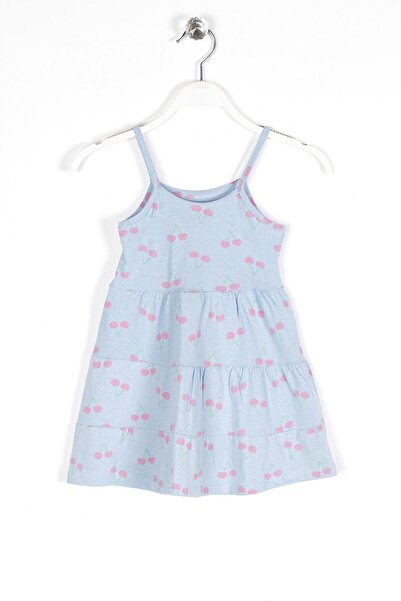 zepkids Round Neck Zero Sleeve Strap Cherry Pattern - Baby Blue Color Girl's Dress