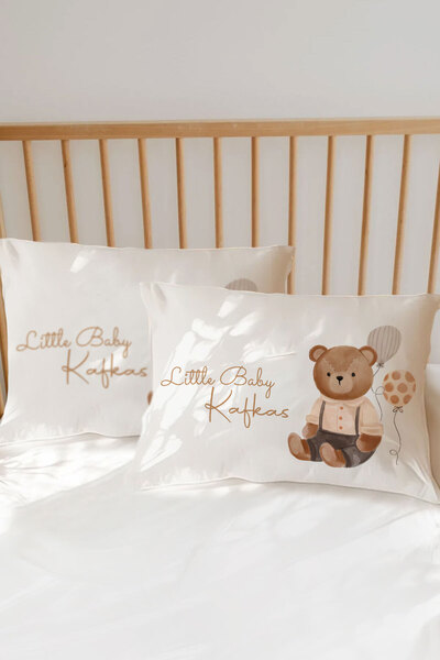 Homamia İsme Özel Baskılı %100 Pamuk Bebek Yastık Kılıfı Balonlu Ayı