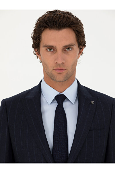 Cacharel Lacivert Slim Fit %100 Yün Çizgili Kırlangıç Yaka Takım Elbise 50276505-VR033