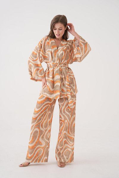 minaaise Women's Orange Patterned Linen Fabric Bottom/Top Set 29098