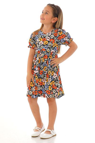 zepkids Crew Neck Short Sleeve Cıcek Patterned Orange Color Girl's Dress
