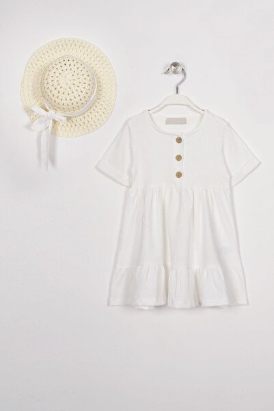 zepkids White Colored Girl's Dress with Button Detail and Ruffle Hat