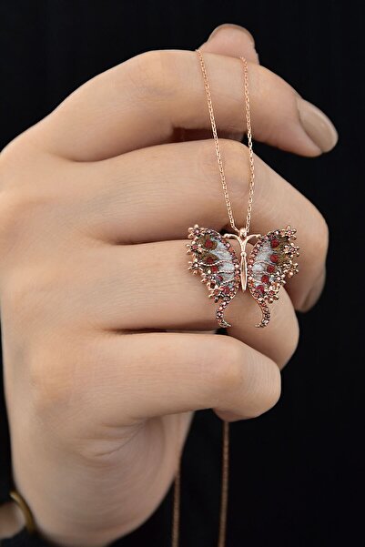 Papatya Silver 925 Ayar Gümüş Rose Altın Kaplama Mineli Kelebek Kolye