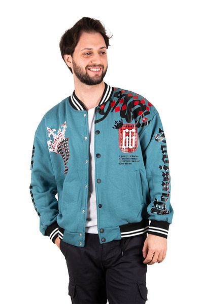 Rizz up Men's Turquoise Sleeves Front and Back Printed Three Thread Snap College Coat 2304764