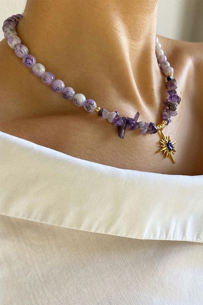 Sose Moda Purple Zodiac Sign Locket Tipped Glass Crystal Beads Natural Stone Necklace
