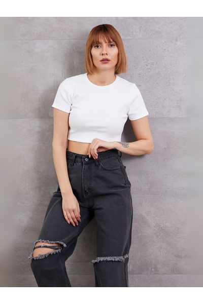 Rhythm Clothing Women's Casual Crop Body with Rib, Rib, Crew Neck, Short Sleeves