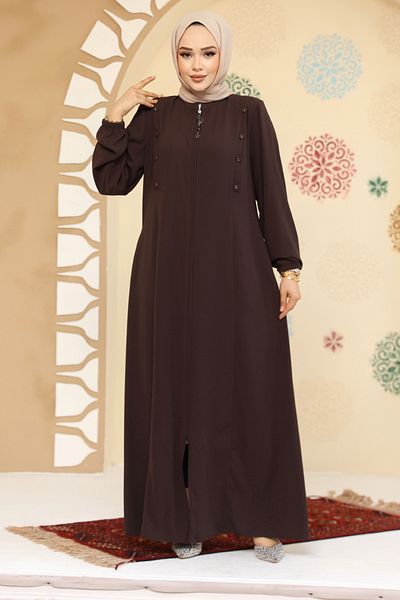 Neva Style Button Detailed Brown Hijab Abaya 45304Kh