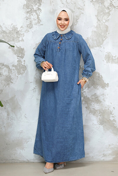 Neva Style Φόρεμα τζιν με λεπτομέρεια τσέπης σε σκούρο μπλε χρώμα 19101KM