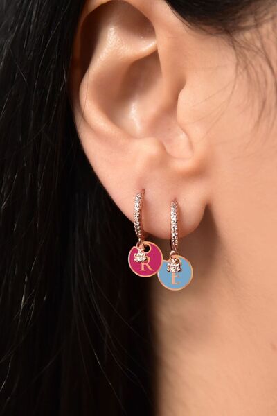 Papatya Silver 925 Ayar Gümüş Taşlı Lotus Figürlü Harfli Kadın Halka Küpe