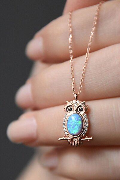 Papatya Silver 925 Ayar Gümüş Opal Taşlı Baykuş Kolye.rose.gold.rodaj