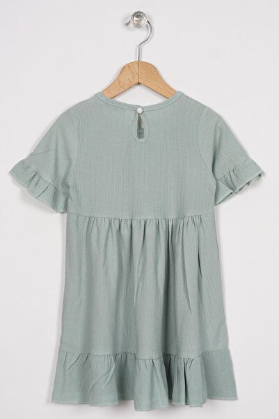 zepkids Crew Neck Short Sleeve Ruffled Buttoned Mint Color Girl's Dress