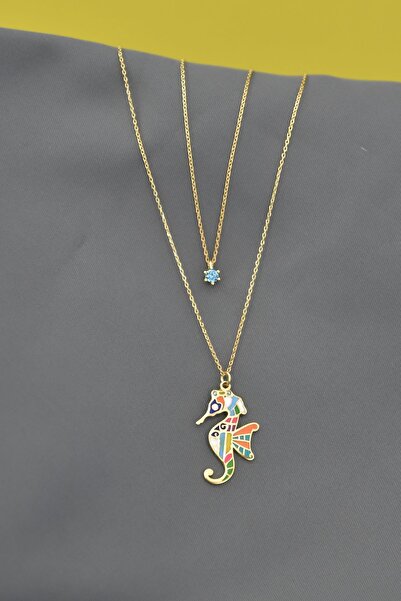 Papatya Silver 925 Gümüş Altın Kaplama Tektaş Denizatı Asansör Kolye