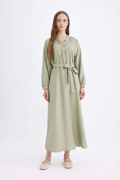 DeFacto D7322 Μακρυμάνικο φόρεμα με ζώνη Khaki Relax Fit