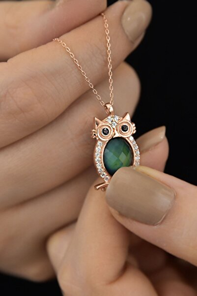Papatya Silver 925 Ayar Gümüş Rose Altın Kaplama Siyah Göz His Taşı Baykuş Kolye