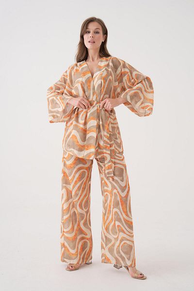 minaaise Women's Orange Patterned Linen Fabric Bottom/Top Set 29098