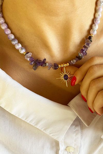 Sose Moda Purple Zodiac Sign Locket Tipped Glass Crystal Beads Natural Stone Necklace