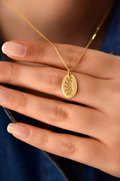 Papatya Silver 925 Ayar Gümüş Altın Kaplama Zeytindalı Plaka Kadın Kolye