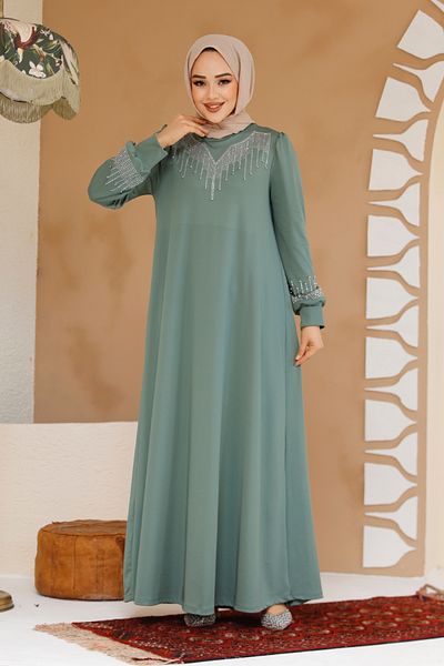 Neva Style Beaded Green Hijab Dress 23815Cy