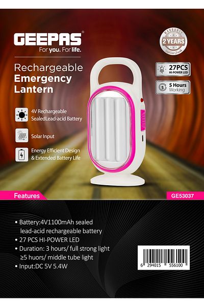Geepas LED Emergency Lantern-GE53037, 27 Pieces Hi-Power LEDs, and 5 Hours Working| Compact, Portable