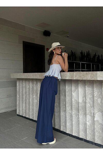 minaaise Women's Navy Blue Poplin Fabric Elastic Waist Pocket Trousers 29083