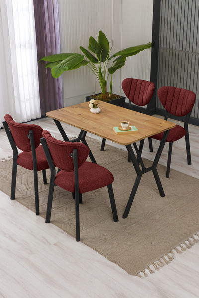 Armens Life Mobilya, Lojistik & Elektronik Ticaret Elma Modeli Masa Sandalye Takımı, 4 Sandalye 1  Sabit Ceviz Masa  110x70 Cm, Keten Kumaş