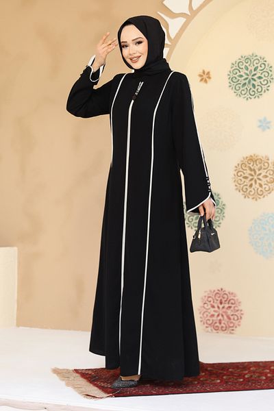 Neva Style Black Hijab Abaya with Piping 45300S