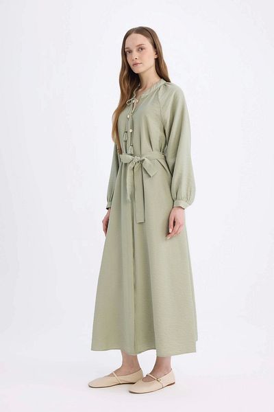 DeFacto D7322 Μακρυμάνικο φόρεμα με ζώνη Khaki Relax Fit