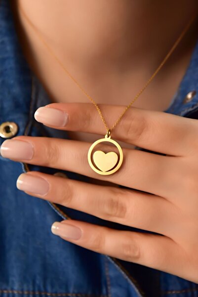 Papatya Silver 925 Ayar Gümüş Altın Kaplama Çember Kalp Plaka Kadın Kolye