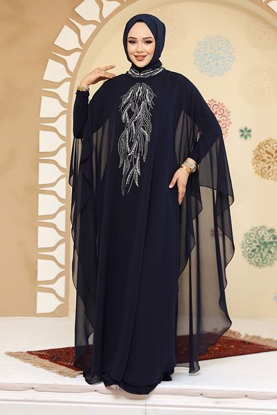 Neva Style Poncho Detailed Navy Blue Hijab Abaya 25914L