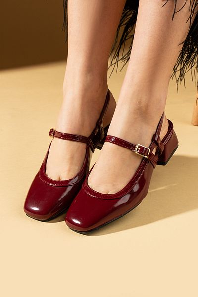 Pembe Potin Women's Mary Jane Claret Red Patent Leather Square Toe Double Helmet Heeled Shoes