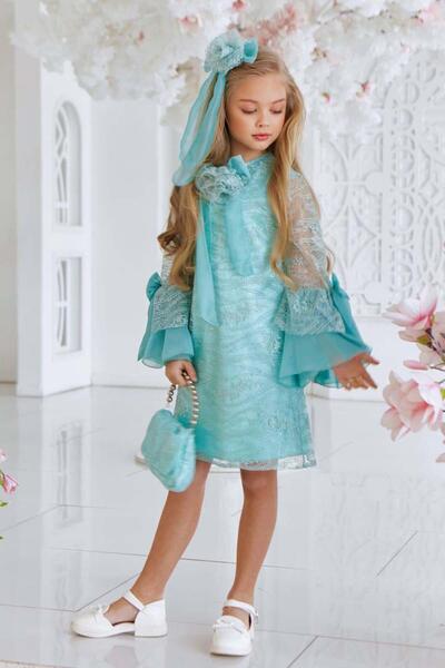 Riccotarz Κοριτσίστικο φόρεμα με δαντέλα με κέντημα με φιόγκο με λεπτομέρειες ισπανικά μανίκια νεροπράσινο