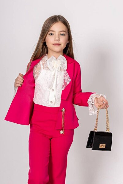 Riccotarz Girl's Lace Embroidered Spanish Sleeve Blouse Chain Button Detail Blazer Jacket Fuchsia Bottom Top Set