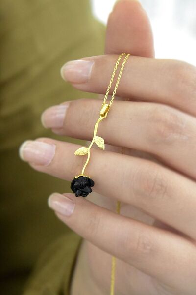 Papatya Silver 925 Ayar Gümüş Kara Gül Kolye.rose.gold.rodaj